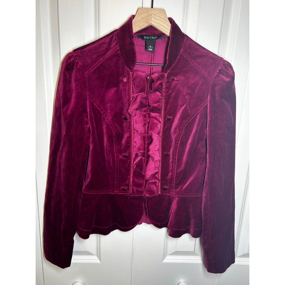 White House Black Market Burgundy Velvet Military Ruffle Peplum Blazer Jacket